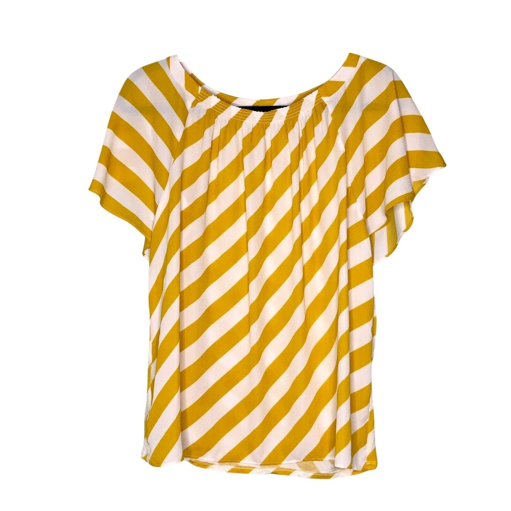 LOFT Womens Yellow White Striped Flutter Sleeve Blouse Small‎ Mixed Media Top